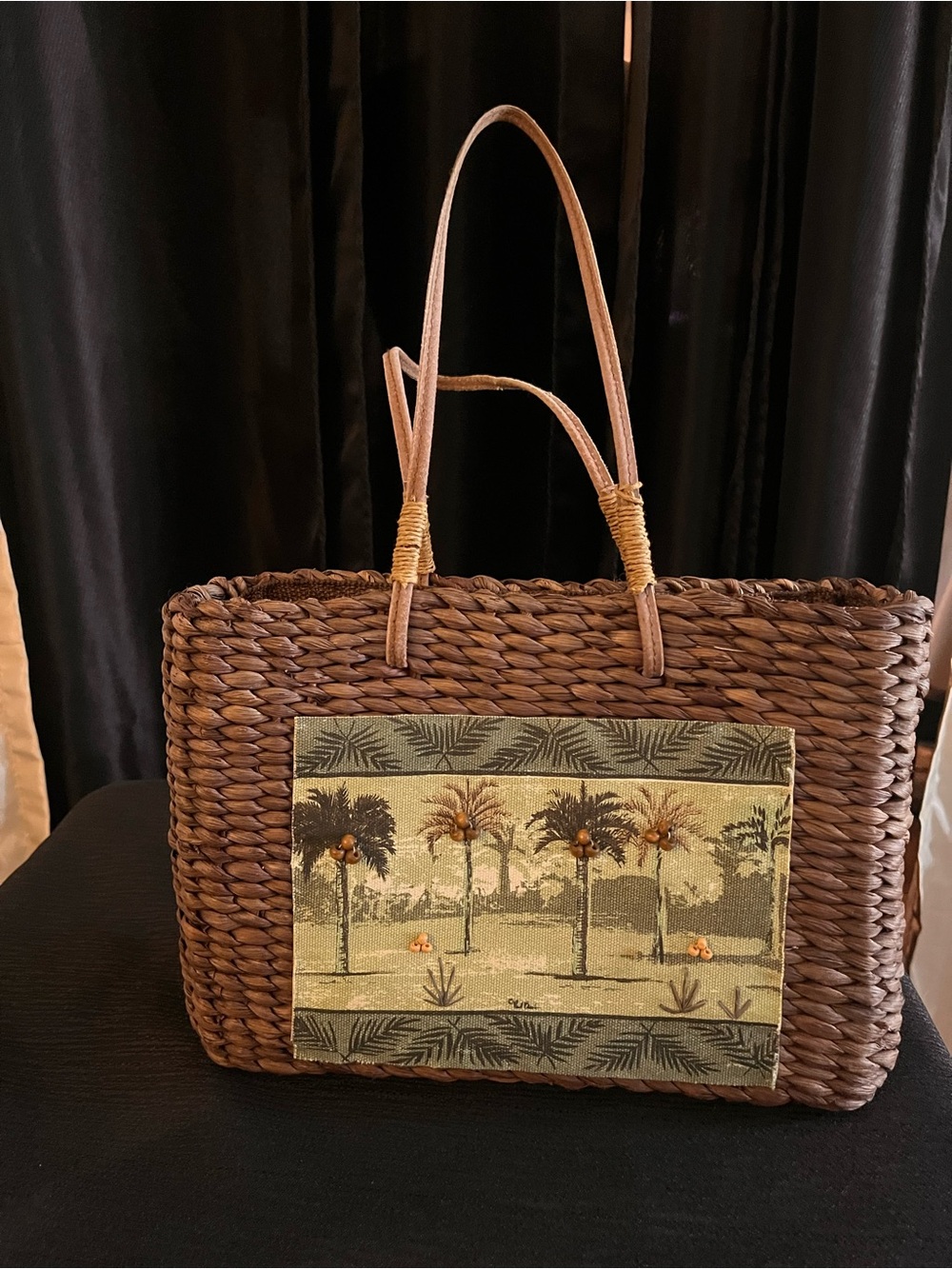 Woven Palm-Accent Brown Tote Bag